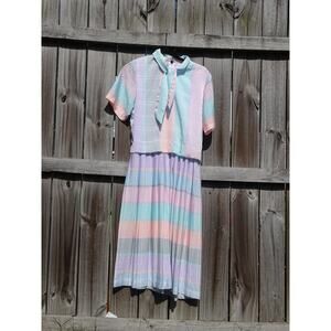 Vtg 80s Algo Pastel Plaid Stripe Midi Dress Tie Collar Retro New Wave Aesthetic